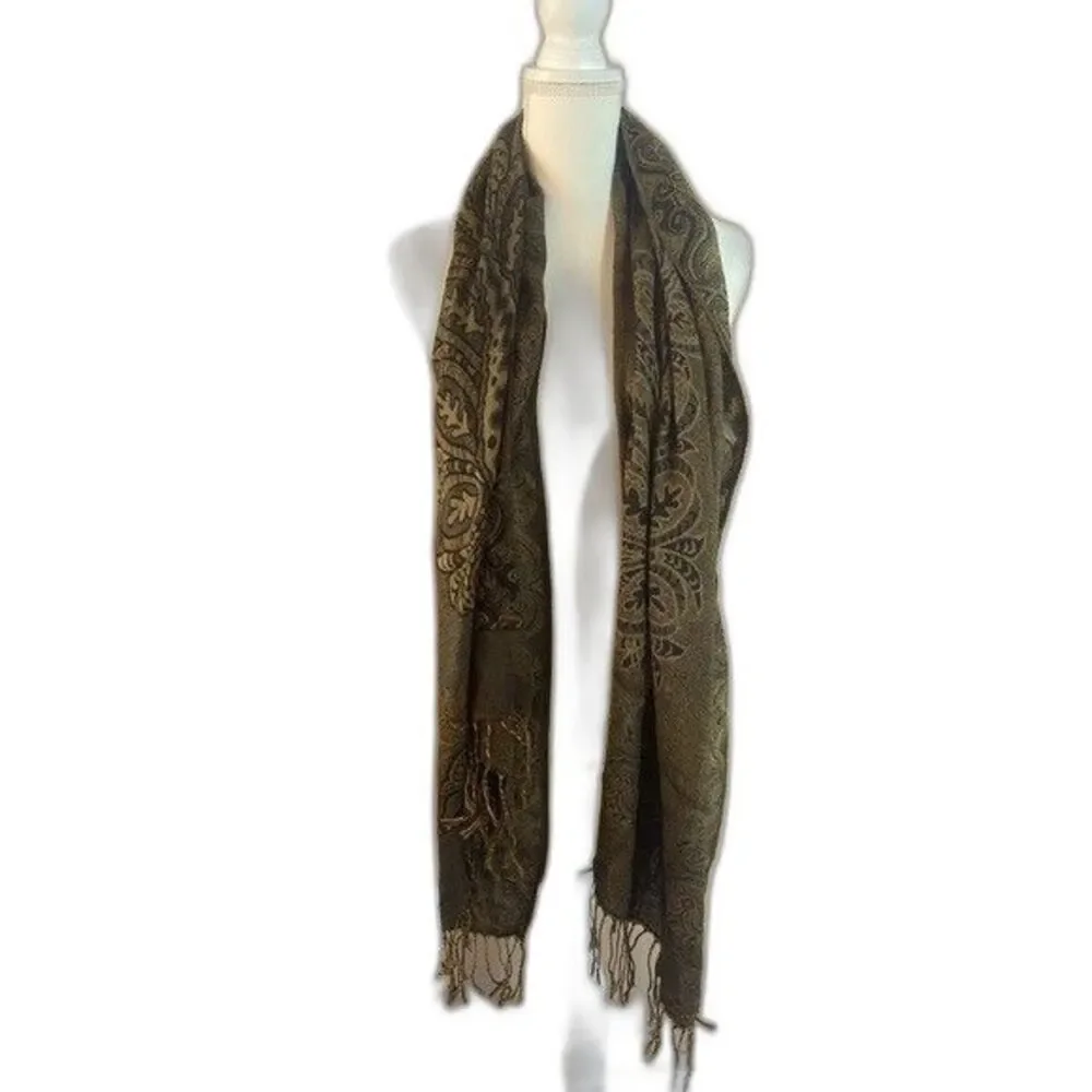 One of a Kind Cashmere Scarf Shawl Dark Green Brown 27